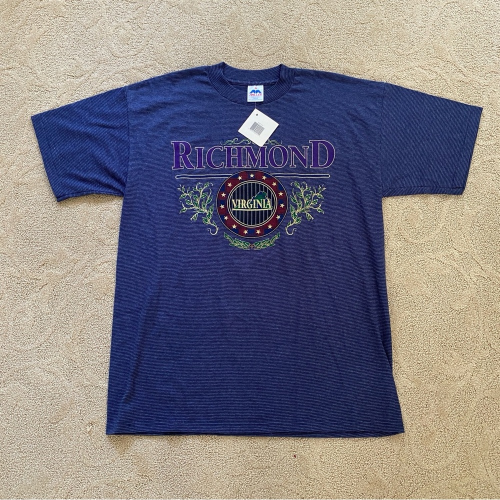 Vintage Deadstock Richmond VA Graphic Tee 90s Shirt Size Large Blue Stripe Funky
